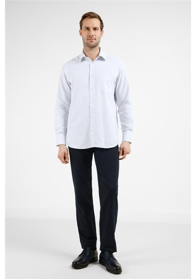 İmza Beyaz-mavi Çizgili Desen Sert Yaka Uzun Kol Cepli Comfort Fit Pamuklu Gömlek 1004255278 Beyaz - K.mavi