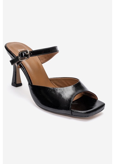 Luvi Shoes Urael Siyah Rugan Hakiki Deri Kadın Topuklu Terlik