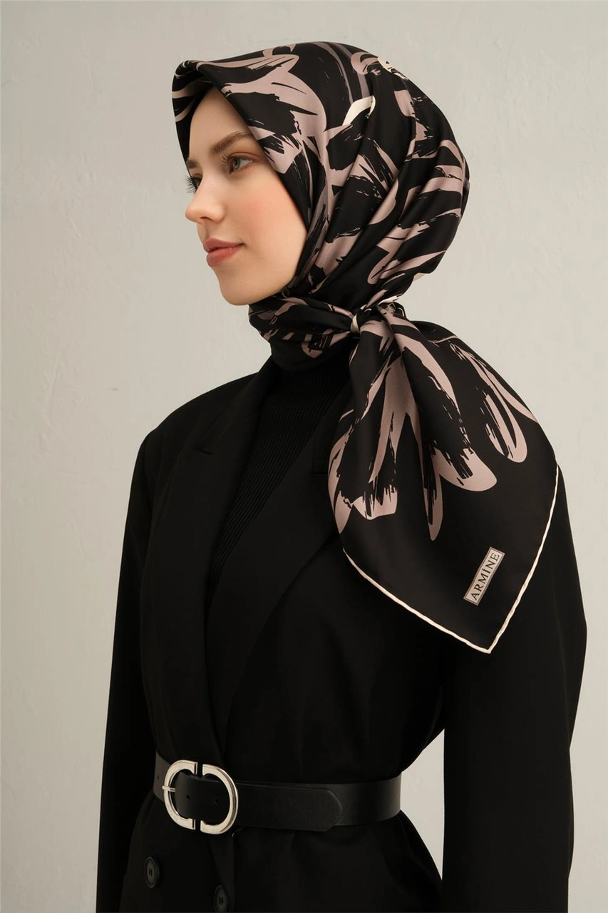 Armine Çiçek Desenli Saf İpek Twill Eşarp 9322d 13 Siyah