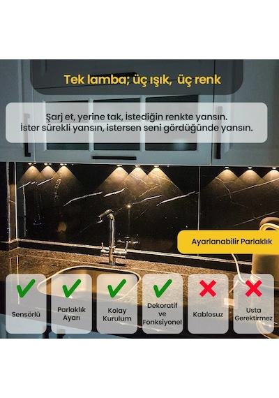 Upway Sensörlü 40 Cm 3 Lü Led Lamba 3 Renkli Ayarlanabilir Tezgah Merdiven Dolap Aydınlatma Siyah
