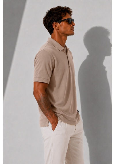 Ribana Erkek Kısa Kollu Fitilli Yarım Düğme Kapama Polo Yaka T-shirt 26001 A.kahve