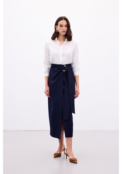 Sateen Aksesuar Kuşaklı Yırtmaçlı Etek - Lacivert-136889 Lacivert
