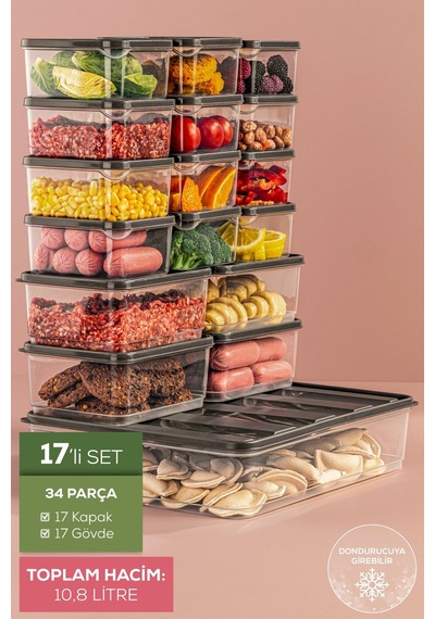 Vienev 17'li Buzdolabı Düzenleyici Organizer Mikrodalgaya Uygun Difriz Saklama Kabı Gri Gri