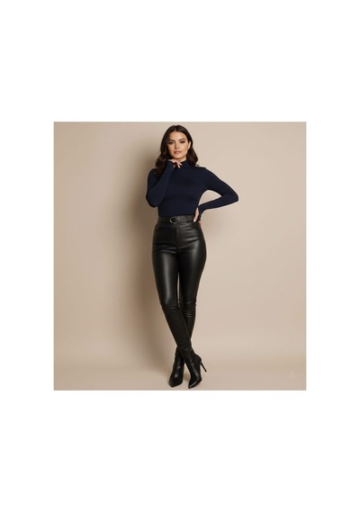 Unika Boutique Uzun Kol Dik Yaka Parmak Geçmeli Body T-shirt Lacivert