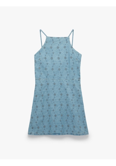 Koton Pamuklu Kolsuz Halter Yaka Brodeli Mini Denim Elbise Açık İndigo 6sal80038md