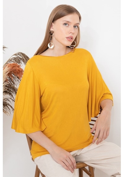 Aqe Fashion Kadın Hardal Kolu Volanlı Kayık Yaka Bluz-Hardal