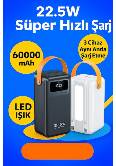 60000 Mah Ultra Kapasiteli Powerbank Hızlı Şarj, Type-c & İos Giriş, 2 Çıkışlı, Led Işıklı Siyah - 744530293 Siyah