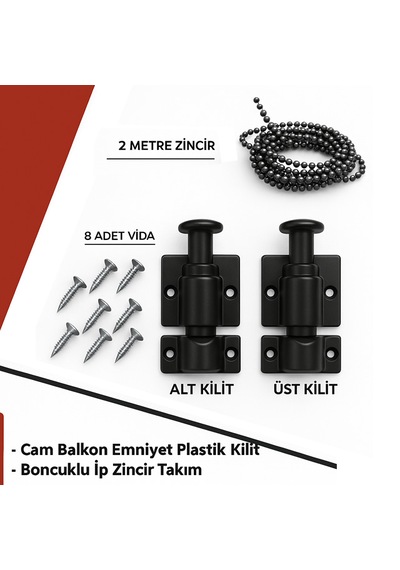 Ayrıntıshop Gold Cam Balkon Emniyet Plastik Kilit - Boncuklu İp Zincir Takım Seti