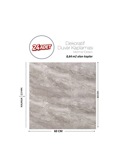 60x60 Cm Kendinden Yapışkanlı Duvar,banyo,tezgah Arası Gri Mermer-24 Adet 8808-60-24
