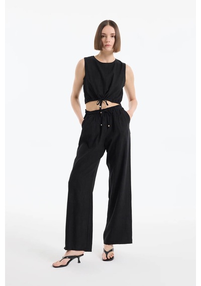Quzu Beli Lastikli Bol Paça Siyah Kadın Pantolon Pnt00454