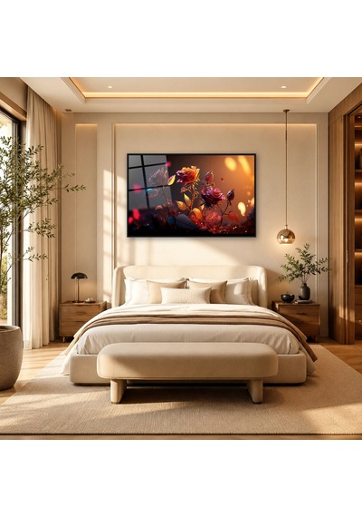 Bokeh Işığında Kırmızı Güller Siyah Çerçeveli Cam Tablo
