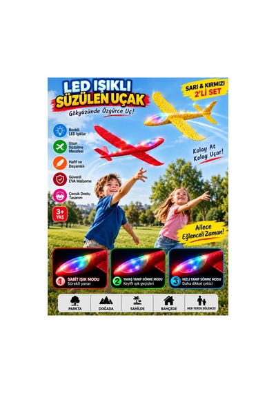 2 Li Led Işıklı Köpük Uçak Seti Kırmızı & Sarı Hafif Dayanıklı Fırlatma Uçağı Açık Hava Oyuncağı - 922543009
