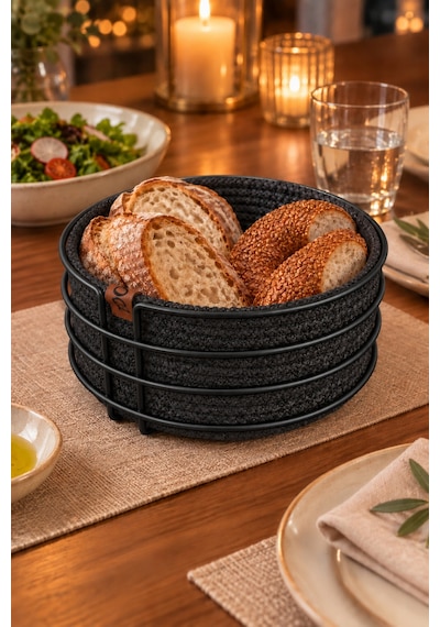 Siyah Yuvarlak Ekmek Sepeti, Ekmeklik Sunum Sepeti, Antrasit Gri Makrome Çok Amaçlı Paslanmaz Metal Renkli