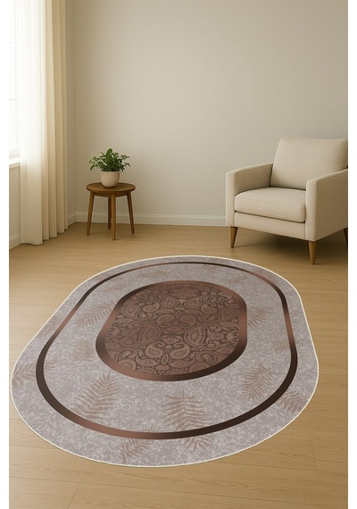 Modern Desenli Oval Dijital Baskı Kaymaz Taban Halı H0360 Renkli