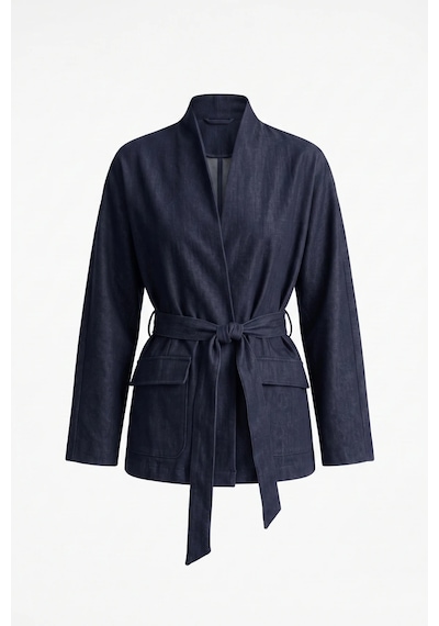 CEMO Denim Görünümlü Kuşaklı Ve Cepli Kimono Ceket Lacivert