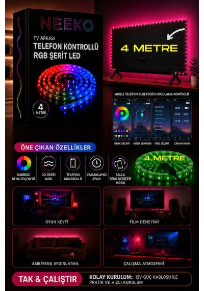 Tv Arkası Telefon Kontrollü Rgb Şerit Led Sınırsız Renk 20 Mod 12v Kendinden Yapışkanlı Led Işık