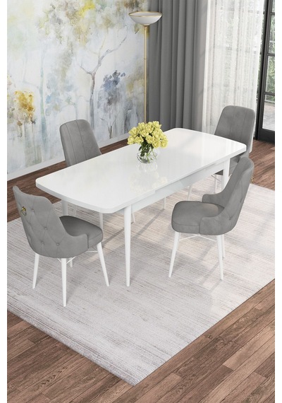 Mona Beyaz 80x132 Açılabilir Mdf Masa Yemek Odası Takımı, Mutfak Takımı 4 Adet Sandalye Beyaz Masa - 4 Gri - Beyaz Ayak Mona Beyaz 80x132 Açılabilir Mdf Masa Yemek Odası Takımı, Mutfak Takımı 4 Adet Sandalye Beyaz Masa - 4 Gri - Beyaz Ayak