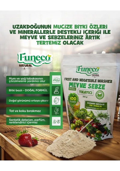 Funeco Natural Meyve & Sebze Yıkayıcı 350g 100 Kullanımlık - Bitki Ve Mineral Bazlı Temizleyici Toz Kahverengi