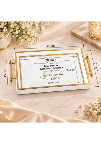 Bk Gift Kişiye Özel Beyaz&gold Söz Nişan Tepsisi-6 - 39x23 Cm Çok Renkli