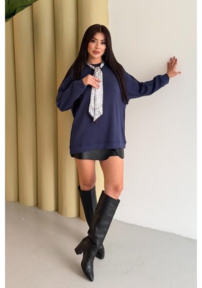 Balenbi Premium Modal Fular Detaylı Bisiklet Yaka Oversize Tunik 1177 Lacivert