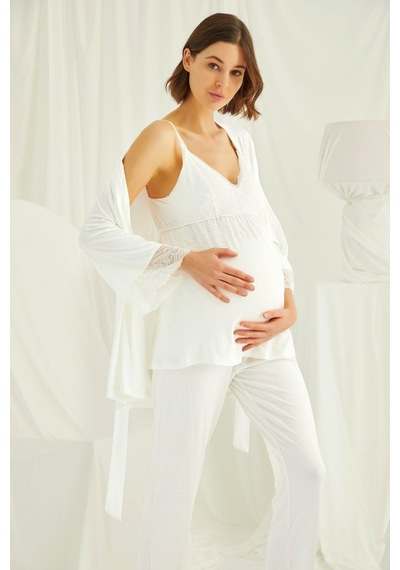 Monamise 18433489 Kadın Ekru Hamile Lohusa Seti Sabahlık Gecelik Pijama Takım