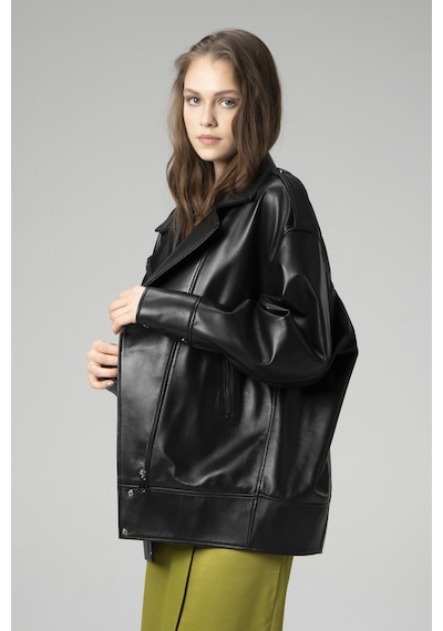 Dericlub Wm019 Oversize Biker Hakiki Deri Kadın Mont Siyah