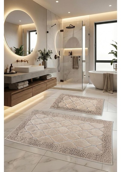 Pamukkent Yumuşacık, Süper Emici 2'li 100% Pamuk Ultra Lüks Banyo Paspası Seti, Cappuccino, 60x100 Cm Çok Renkli