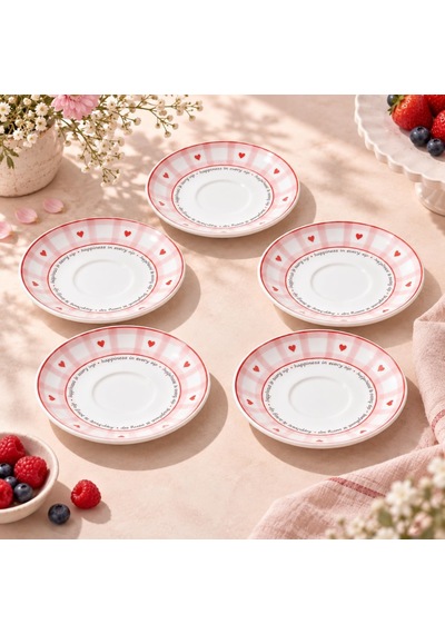 Tr 6'li Porselen Çay Tabağı Seti, Pembe Ekose Kalp Desenli Diğer