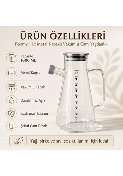 1000 Ml Cam Yağdanlık, Metal Kapaklı Vakumlu Damlatmaz Sızdırmaz Yağlık, Ölçekli Şeffaf Zeytinyağı Sirke Sos Ve Mutfak Sıvı Saklama Şişesi Çok Renkli
