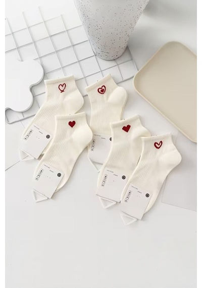 Hitit Socks Kadın 5 Çift Kalp Desenli Kısa Patik Çorap Ekru beyaz