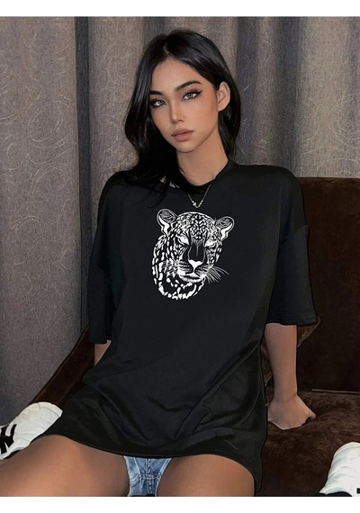 Flood Of Style Kadın Siyah Leopar Figür Baskılı Oversize T-shirt