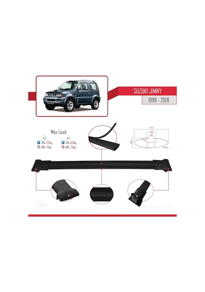 Suzuki Jimny 1998-2018 Arası İle Uyumlu Fly Model Ara Atkı Tavan Barı Siyah 3 Adet Bar