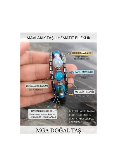 Akik Taşlı Bileklik Hematit Bileklik Çelik Tel Bileklik Mavi Mavi