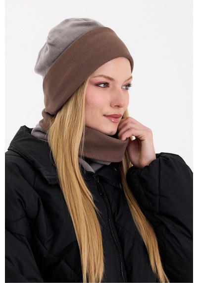 Butikgiz Kadın Dış Kısım Polar, İç Kısım Kaşkorse Pamuklu, Çift Renk, Çift Kat, Katlanabilir Bere Boyunluk Set Gri-kahverengi