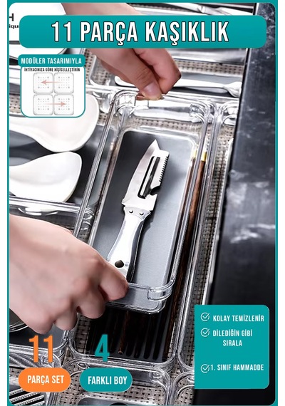 11 Li Kaşıklık Ve Çekmece İçi Düzenleyici Modüler Organizer Set Şeffaf