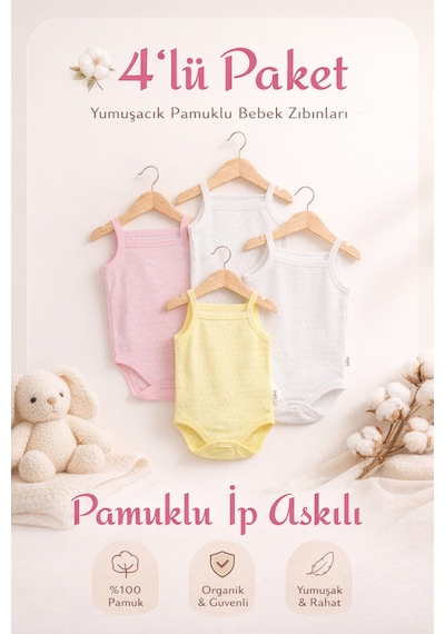 Lupi 4 Parça Kız Bebek Pamuklu İp Askılı Çıtçıtlı Atlet ekru