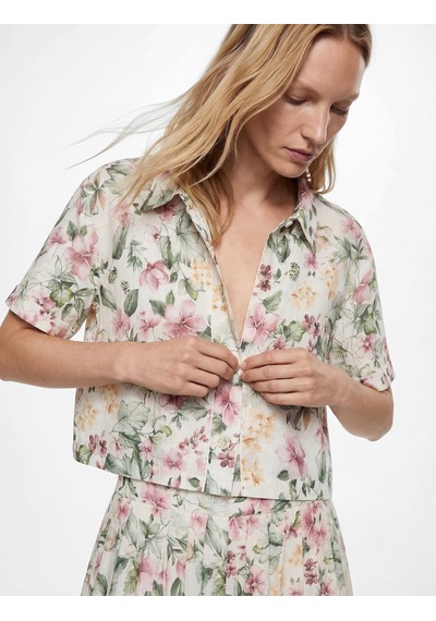 Koton Regular Fit Kısa Kollu Çiçekli Crop Gömlek Ekru Desenli 6sak60148uw
