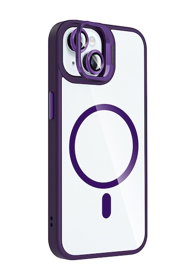 Apple iPhone Uyumlu 15 Kılıf Standlı + Kamera Lens Koruma Setli M-safe Şarj Özellikli Mkst Etro Kapak Derin Mor Derin Mor