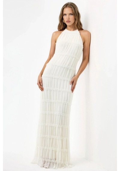 Hiccup Halter Yaka Dokulu Maxi Elbise Beyaz