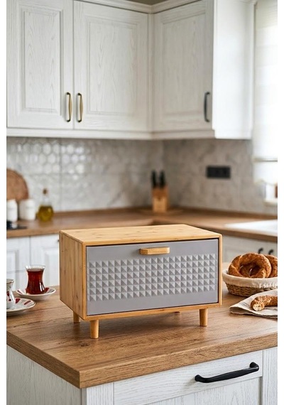 Bambu Gövdeli Gri Pane Ekmek Dolabı 36x23x24 Cm - Demonte Ayaklı Tezgah Üstü Ekmeklik