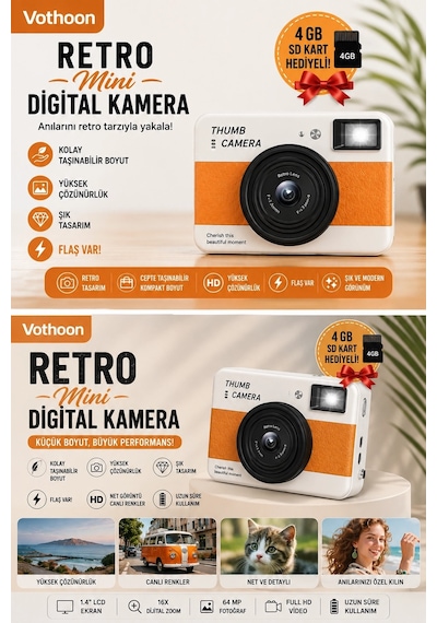 Mep Retro Mini Dijital Kamera 1080p 1.47 İnç Flip Ekranlı Flaşlı Selfie Vlog Kamerası 4gb Sd Hediyeli Turuncu Najm
