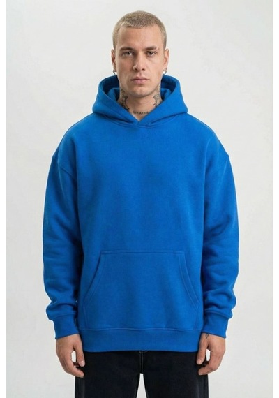 Mbb E-ticaret Erkek Baskılı Kapüşonlu Cepli Hoodie 3 İplik Pamuklu Sweatshirt - Saks Mavisi Mavi