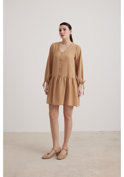 Vos Versa Kadın Kol Bağlama Detaylı Keten Camel Elbise Vvk7260-420-camel