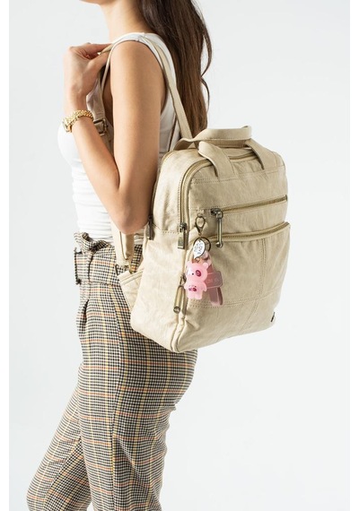 Baginn Vegan Deri Kadın Sırt Çantası Laptop-evrak Sırt Çantası 33 25 Cm Işıklı Charm Hediyeli Krem