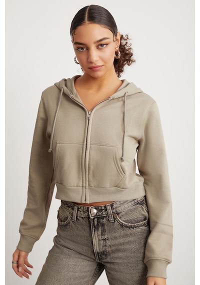Grimelange Delıa Kadın Crop İçi Polarlı Fermuarlı Organik Pamuklu Kapüsonlu Kordonlu Bej Sweatshirt Bej