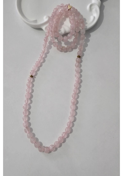 Sertifikalı 99 Lu 8 Mm Pembe Kuvars Doğaltaş Kolye, Bileklik, Tespih 046 - Pembe