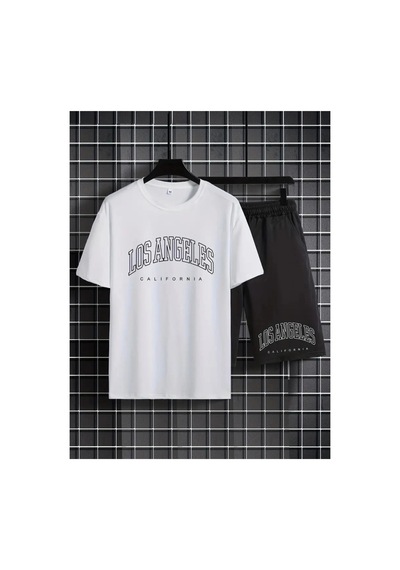 Erkek Beyaz''los Angeles Baskılı'' Basic Oversize T-shirt- Şort Takım Strup0000000000015