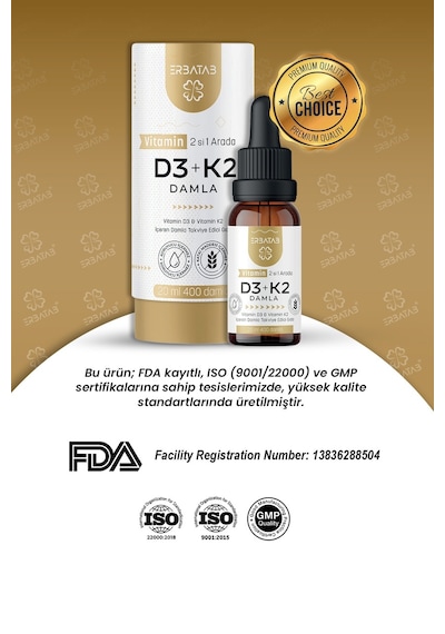 Erbatab D3 K2 İkisi Bir Arada Damla Vitamin 20 ML