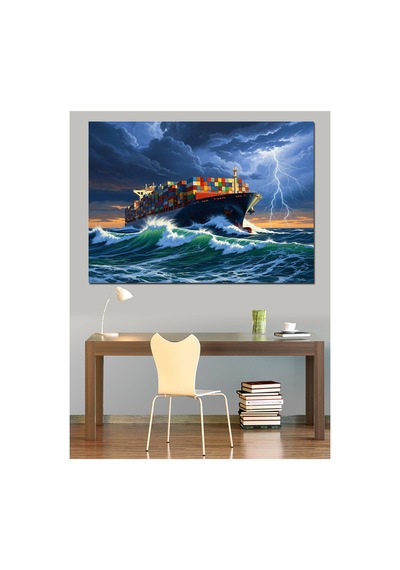 Fırtınalı Denizde Dev Kargo Gemisi Yağlı Boya Dokulu Kanvas Tablo Canvas Tablosu