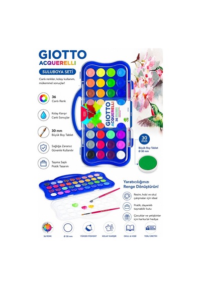 36 Renk Sulu Boya 30mm Büyük 1 Paket Giotto 36 Lı Suluboya Fırça Hediyeli Canlı Renkler Acquerelli Kaliteli Yıkanabilir Çok Renkli